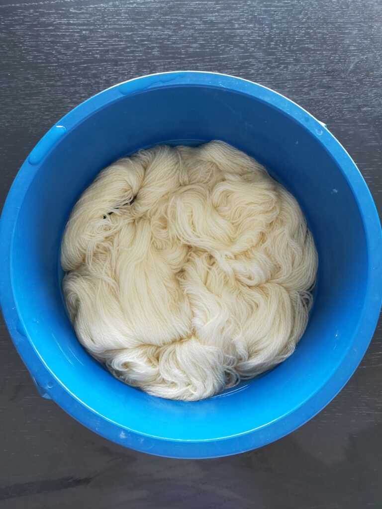 Bare yarn soaked in water, ready for dyeing with avocado