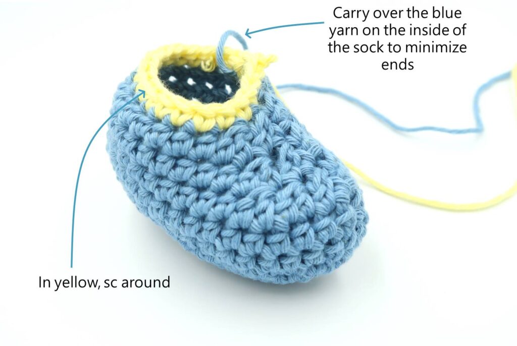 Switch colors to yellow for the ankle section of the crochet booties pattern