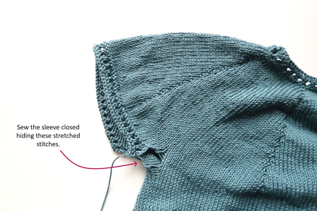 summer top knitting pattern sleeve with eyelets, ready for seaming