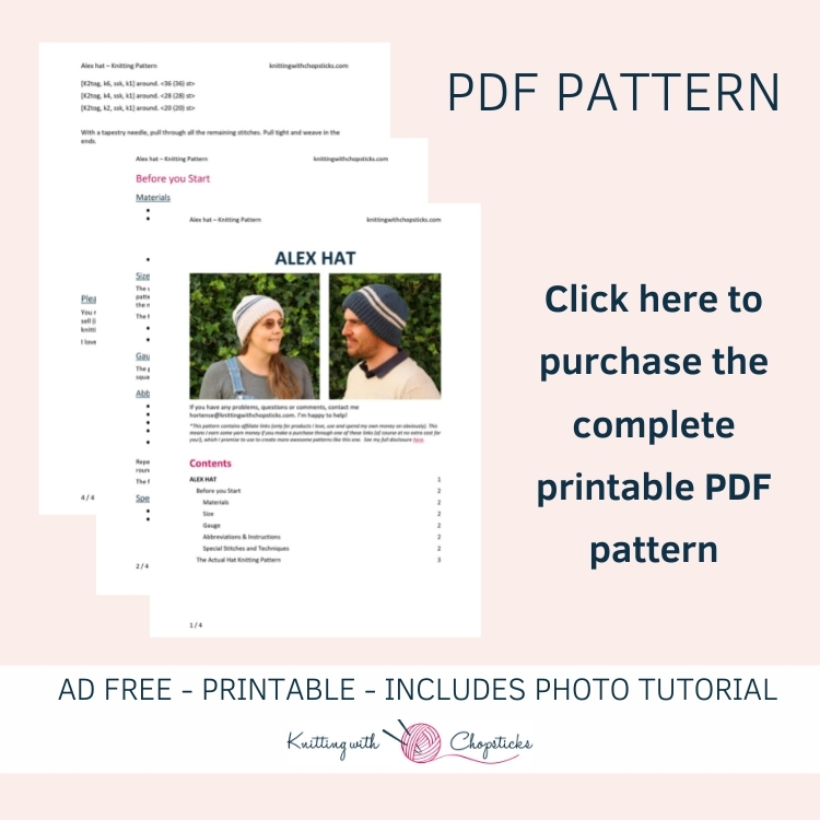 click here to purchase the convenient printable PDF of the Alex hat knitting pattern