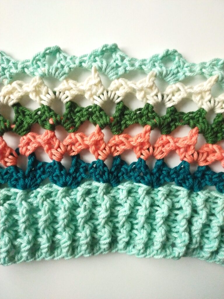 close up of the bottom ribbing and first repeat of the crochet sweater sleeves