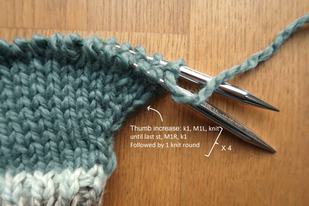 increases for the thumb of the knit mittens pattern