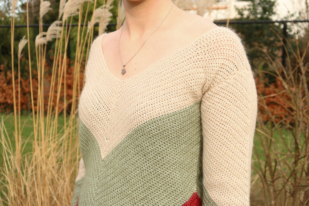 close up of the V neck of the sweater to highlight how to match the different color block section