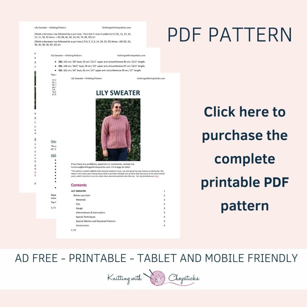 click here to purchase the convenient printable PDF of the Lily knit sweater pattern