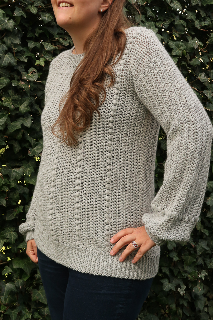 Kate sweater crochet pattern 3/4 turn view