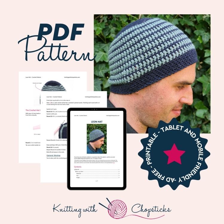 click here to purchase the convenient printable PDF of the easy crochet men hat pattern