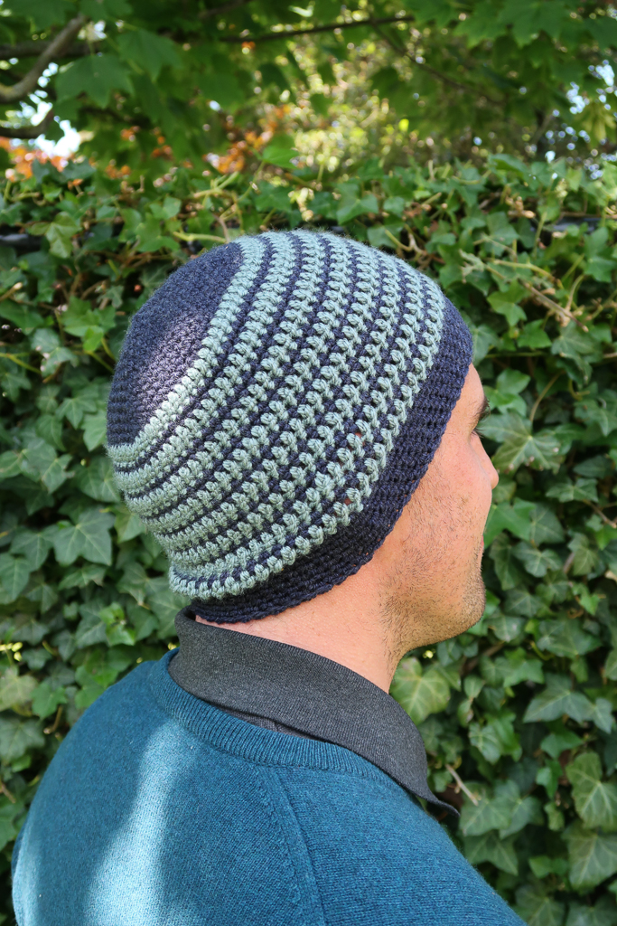 back and side view of the free men hat crochet pattern
