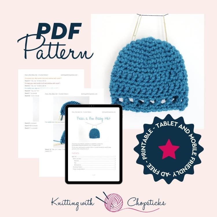 click here to download the convenient printable PDF of the Peek a boo baby crochet hat pattern