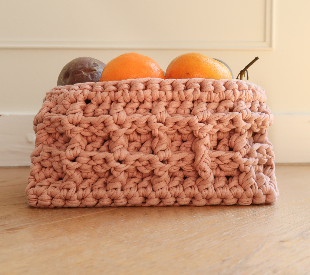 side view of the finished waffle stitch crochet basket pattern