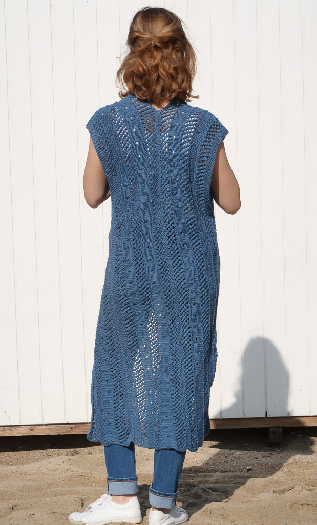 Back view of the long summer sleeveless cardigan pattern