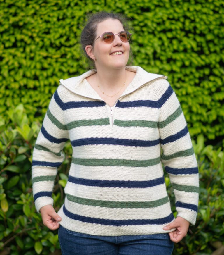 front view of the Marina top down crochet sweater pattern free