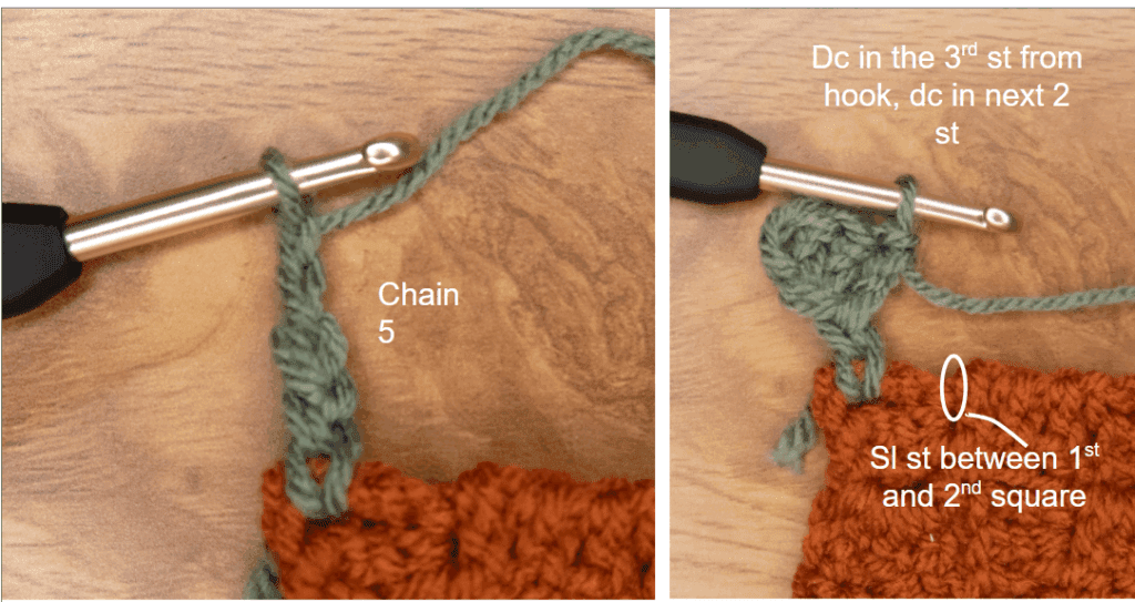 Picture tutorial showing where to sl stitch between the 1st and 2nd square of the block below to attach it