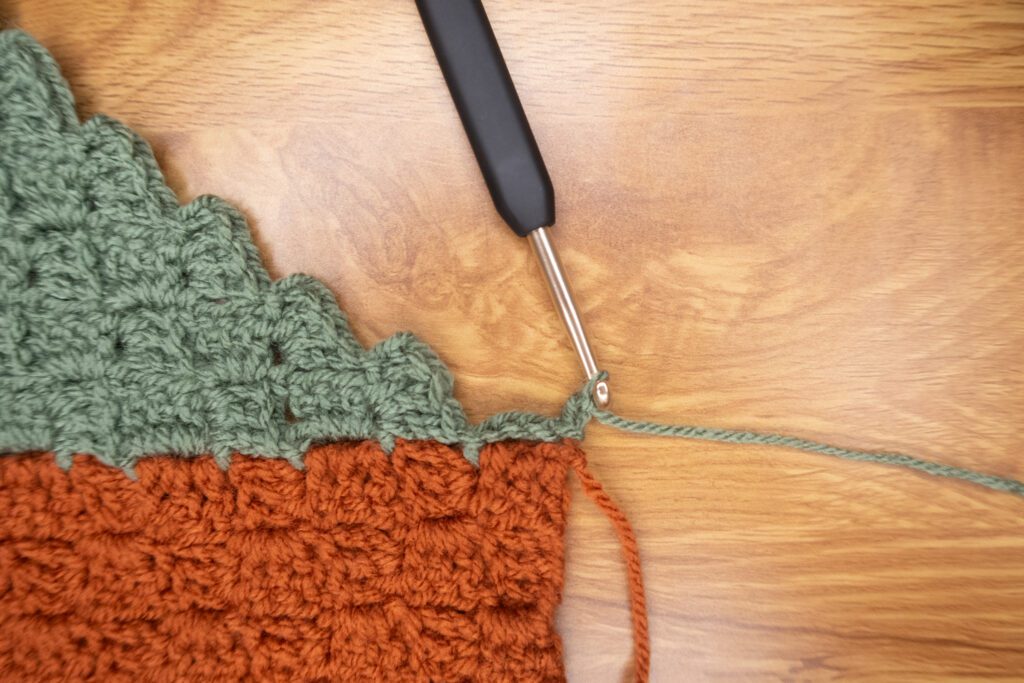 Picture tutorial showing where to join  and finish c2c blocks for second block 