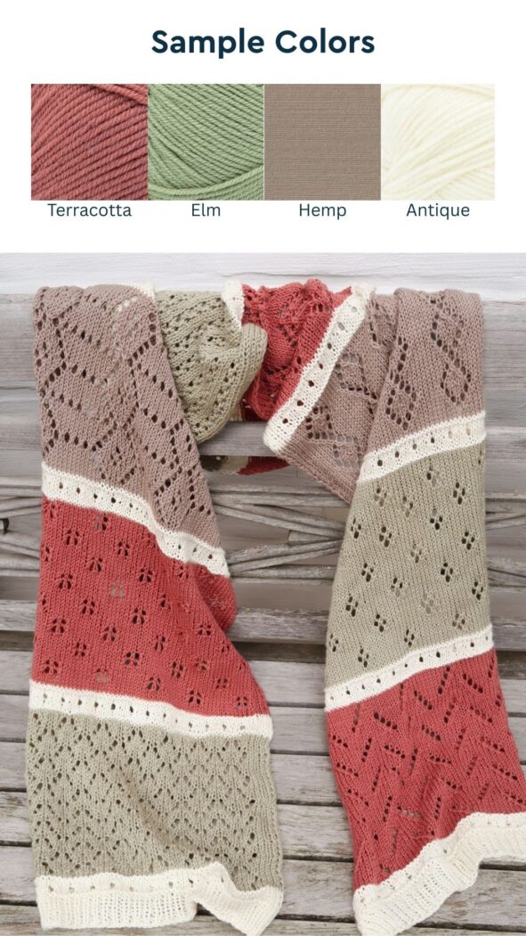 lace shawl knitting pattern in sample colors of mellow brown, terracotta and white green tones colors option