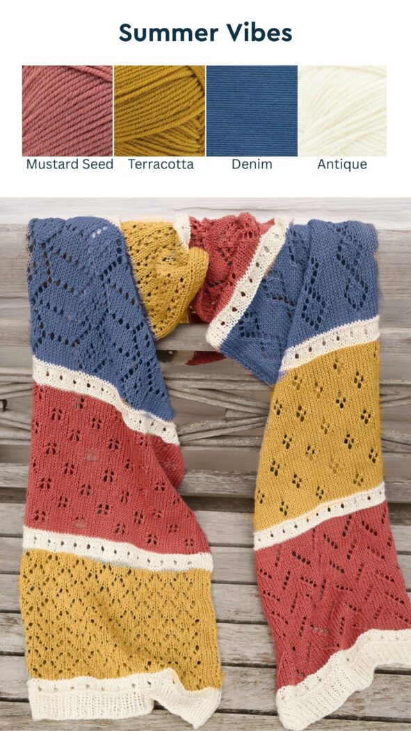 lace shawl knitting pattern summer vibes with yellow, blue and terracotta tones colors option