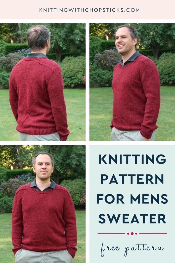 Pin image for the Out and About Sweater, a free knitting pattern for mens sweater knit top down with saddle shoulders