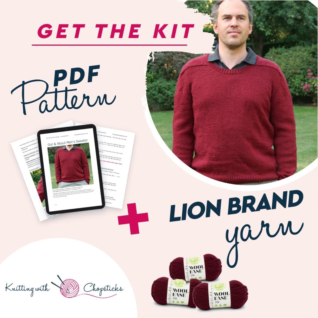 Out and About Mens Sweater Lion Brand Yarn kit with the PDF pattern and Wool-Ease DK skeins in Redwood