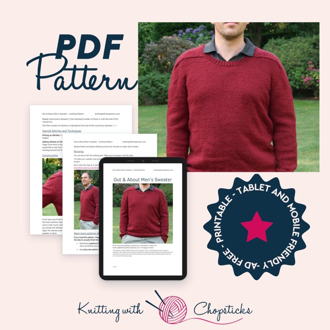 Printable ad free PDF of the mens sweater knitting pattern shown on a tablet with pattern pages