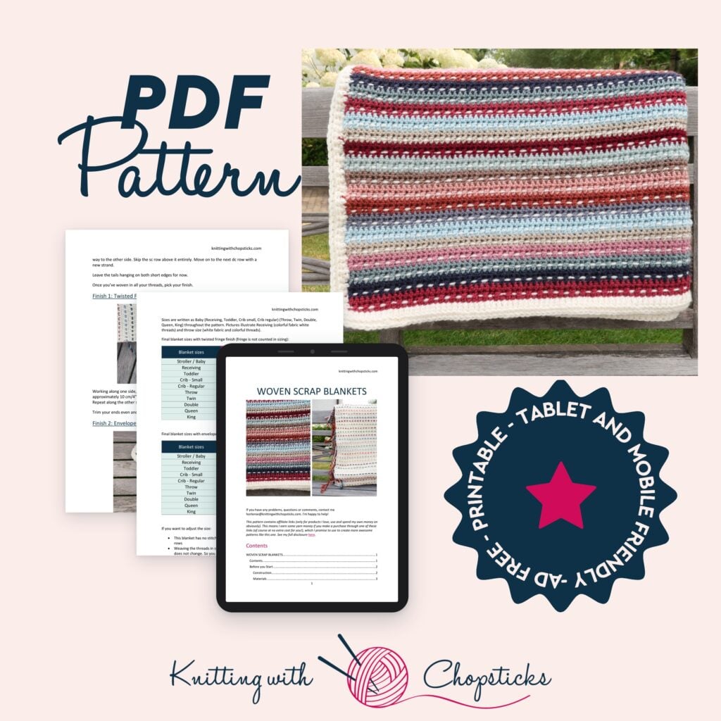 Downloadable PDF pattern mockup for the Woven Scrap Blanket crochet pattern