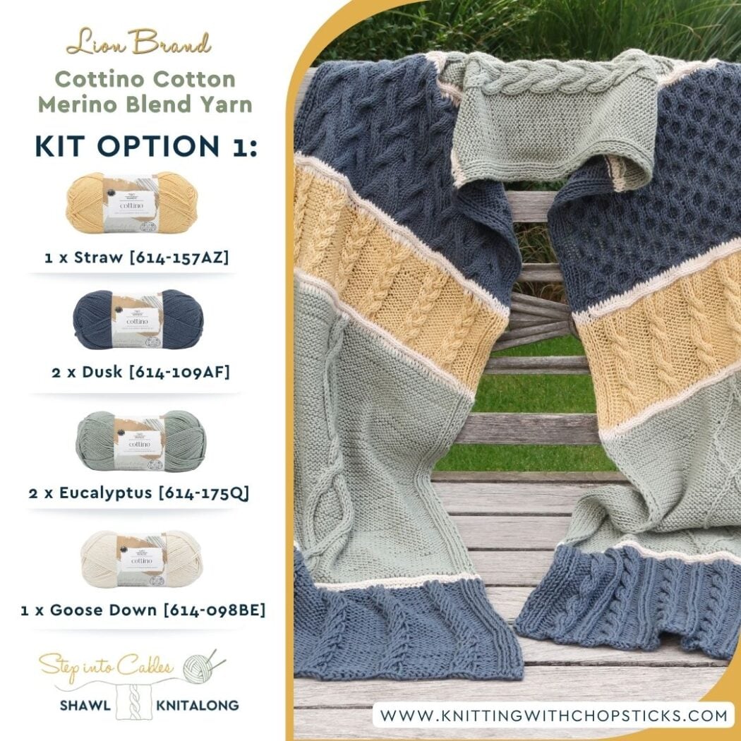 Get Your Step into Cables Shawl KAL eBook pdf and Lion Brand yarn KIT original sample colors