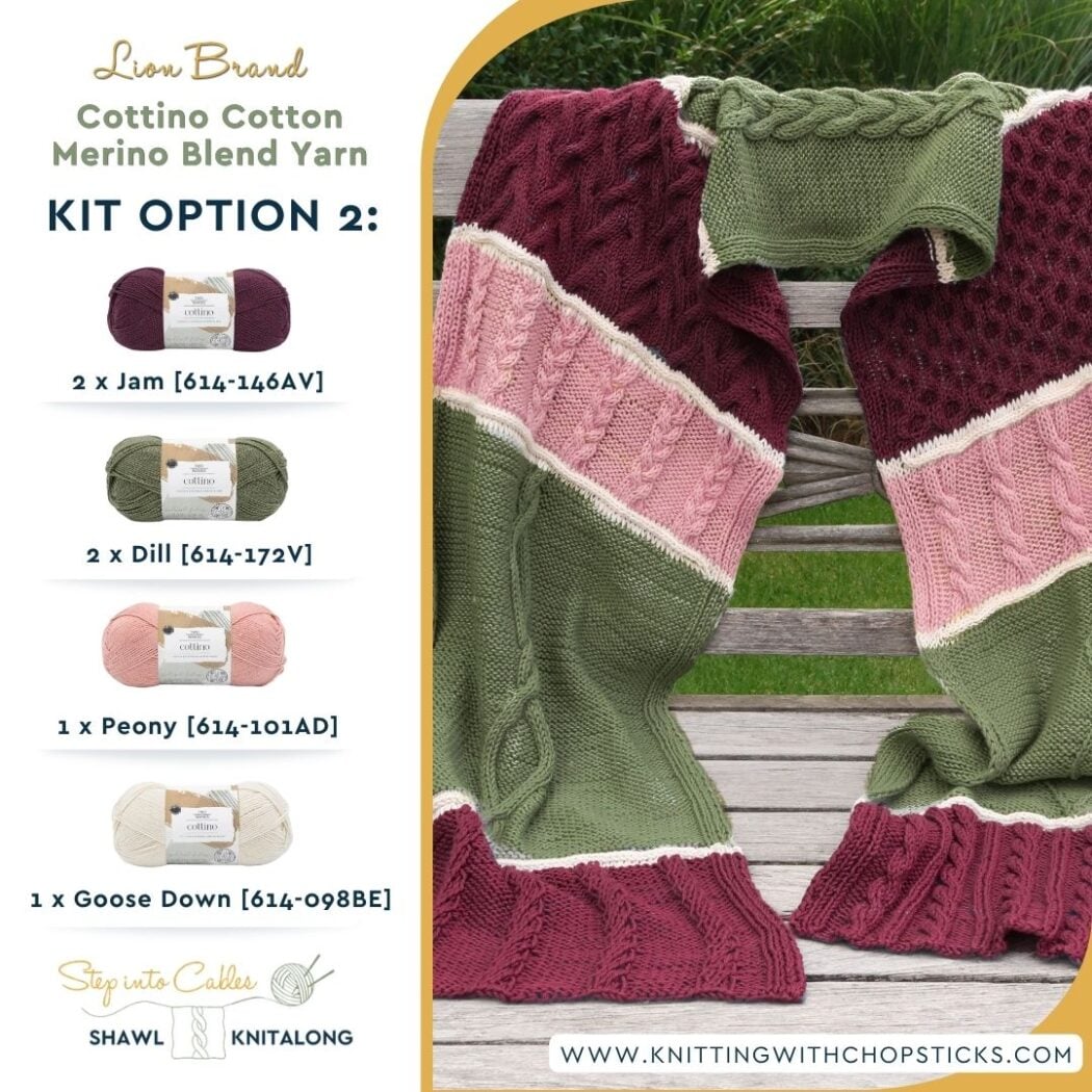 Get Your Step into Cables Shawl KAL eBook pdf and Lion Brand yarn KIT dark red and greens