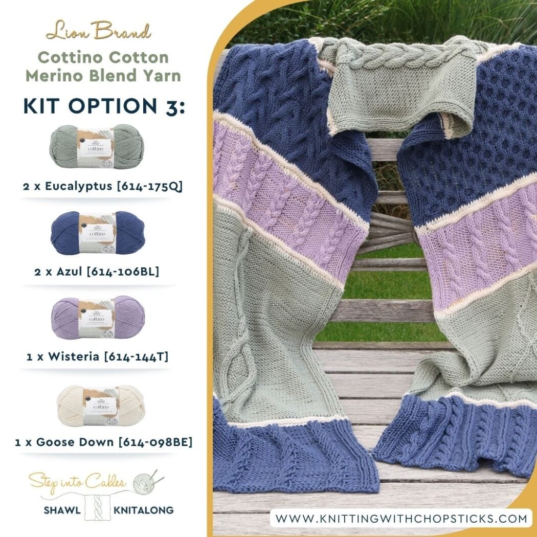 Get Your Step into Cables Shawl KAL eBook pdf and Lion Brand yarn KIT blues and purples