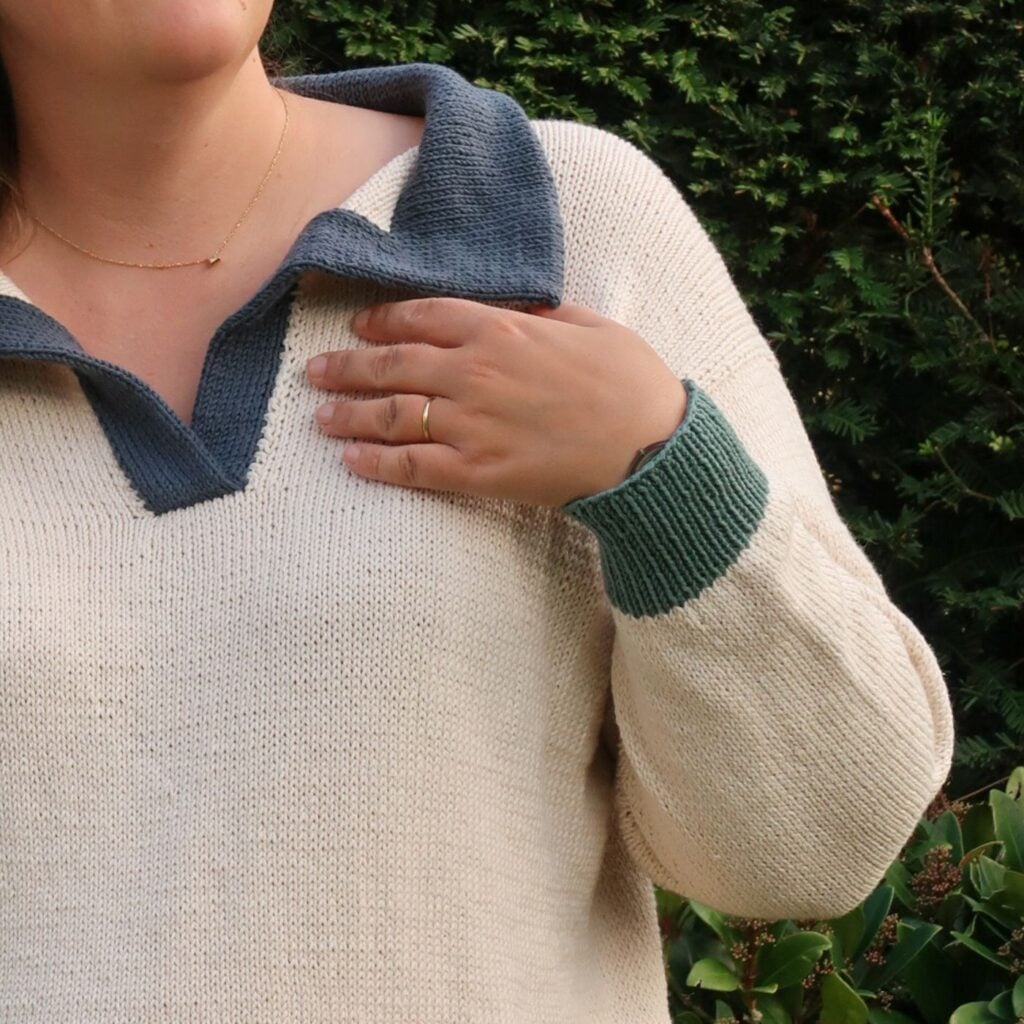 Folded collar and V placket detail on the Harbour Polo Sweater