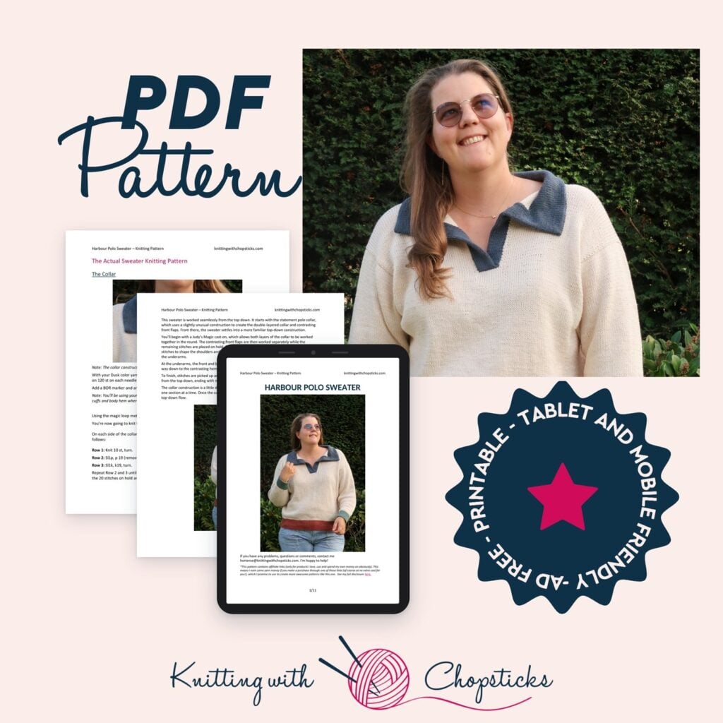 Harbour Polo Sweater knitting pattern PDF shown on printed pages and a tablet